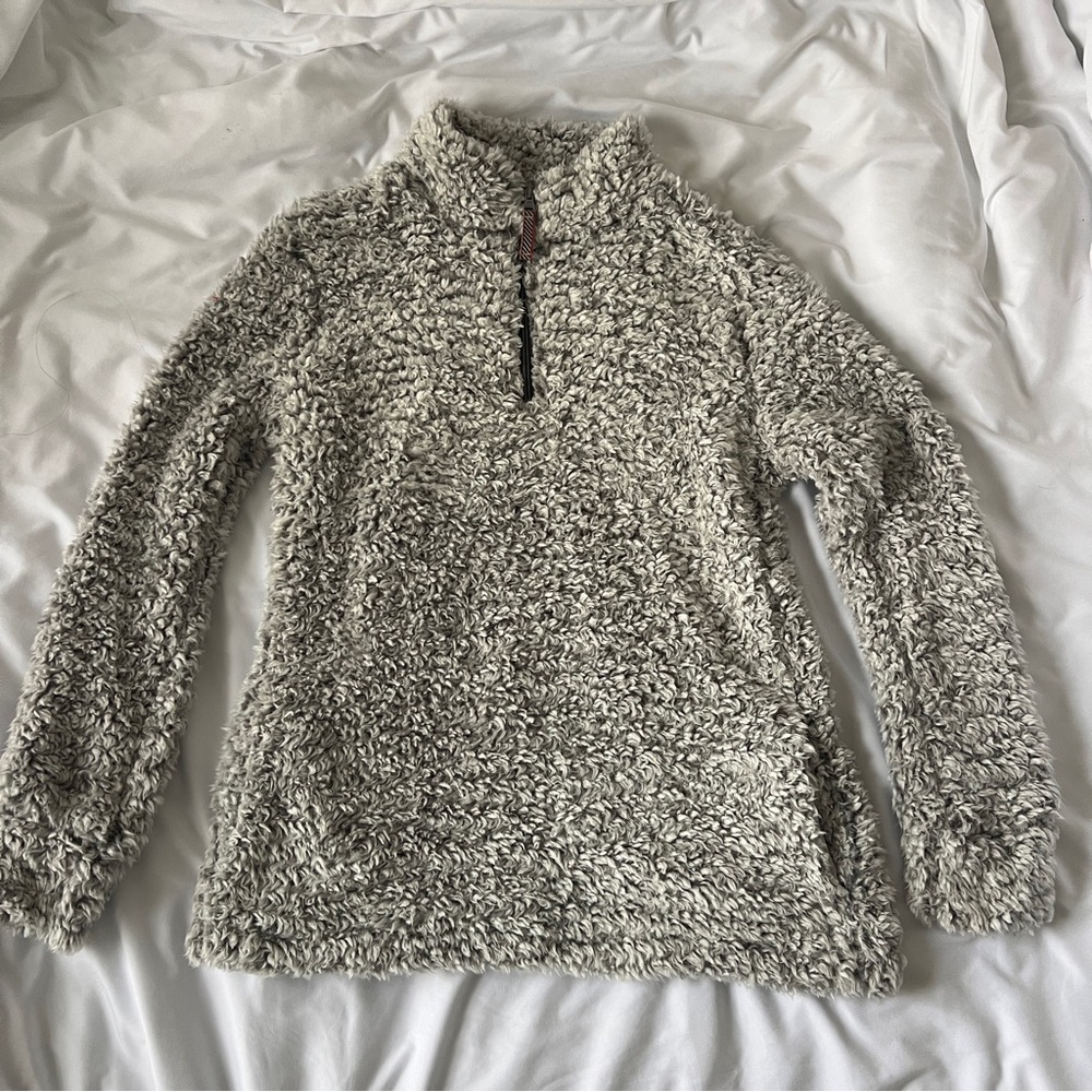 Faux Fur Sherpa Quarter Zip Jersey Lined Sweater, M, Light Grey